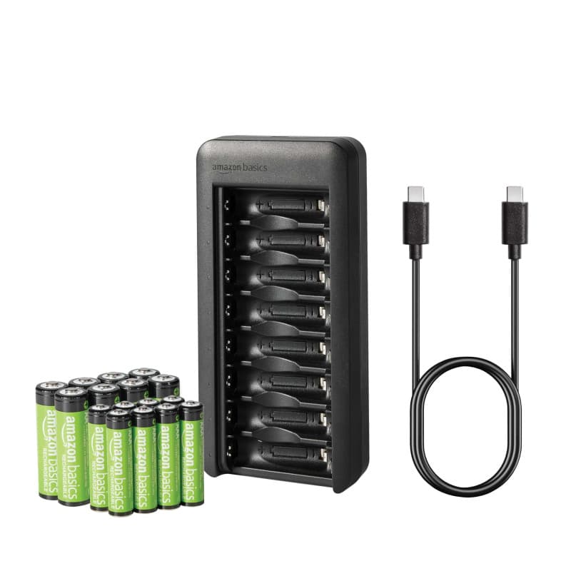 Amazon Basics Lot de 8 piles rechargeables NiMh AAA 800 mAh + lot de 8 piles rechargeables NiMh AA 2000 mAh, avec chargeur de pi