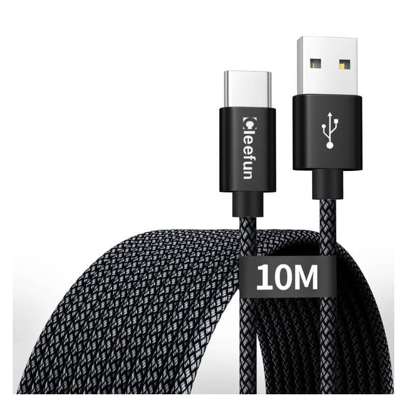CLEEFUN Cable USB C 10M Charge Rapide, Résistant USB 2.0 Câble Charguer USB-A vers USB-C pour Smartphones, Tablette, Caméra-Surv