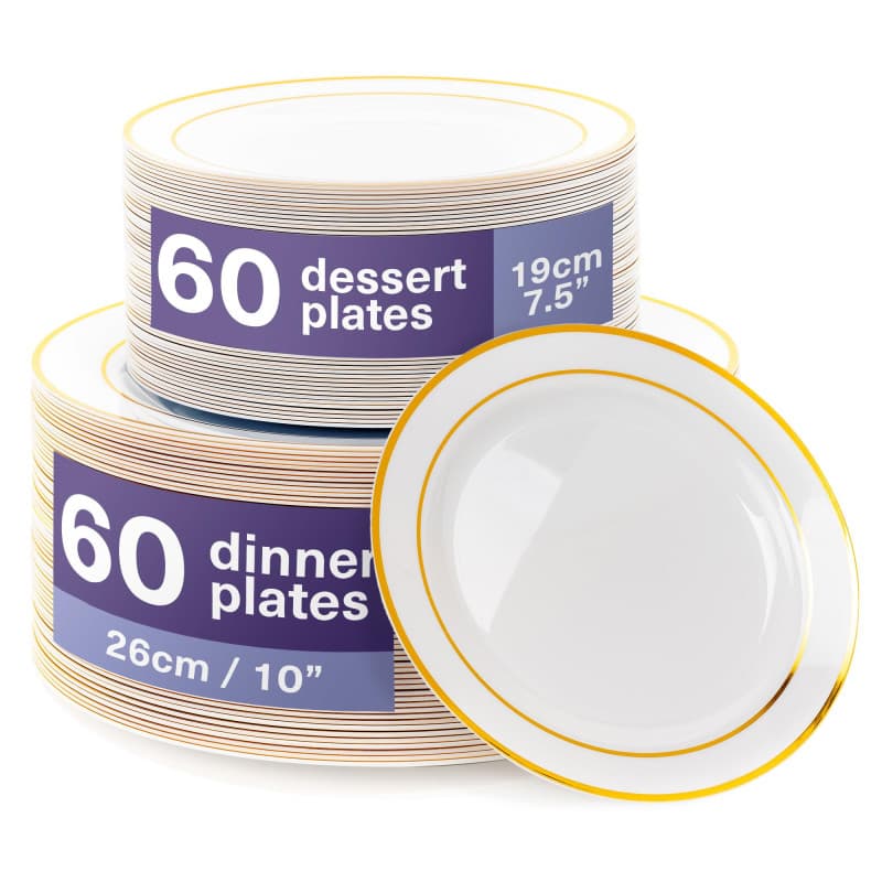 MATANA 120 Assiettes en Plastique Réutilisables Blanches Premium avec Bord Doré (60 Plates, 60 Dessert) - Solide & Incassable po