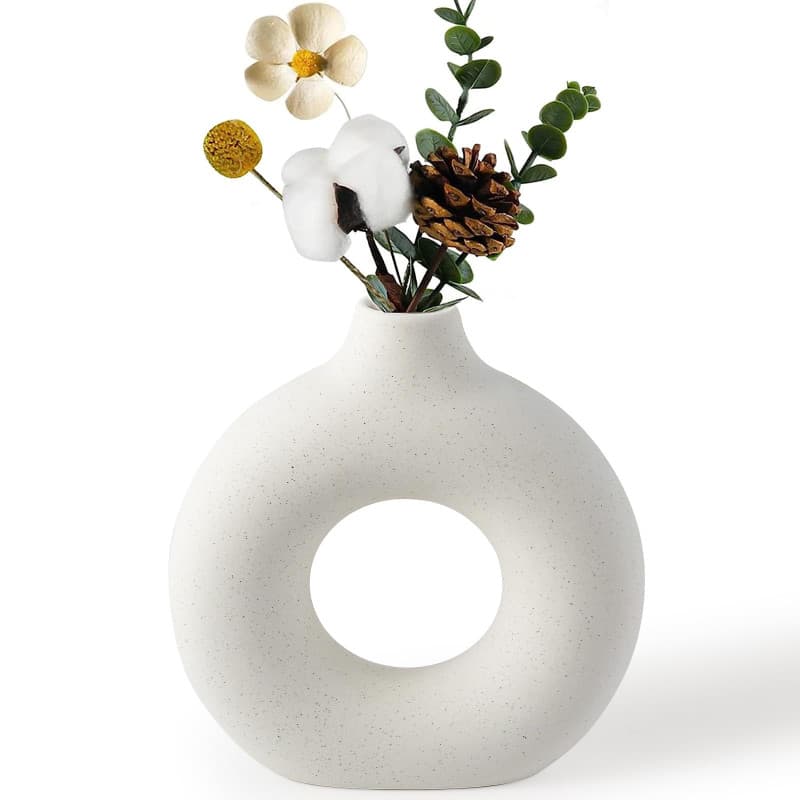 BASVII Vase Décoratif, Donut Vase Blanc avec Herbe de Pampa, Vase Fleur Rond Moderne pour Fleurs Séchées, Idéal pour Décoration