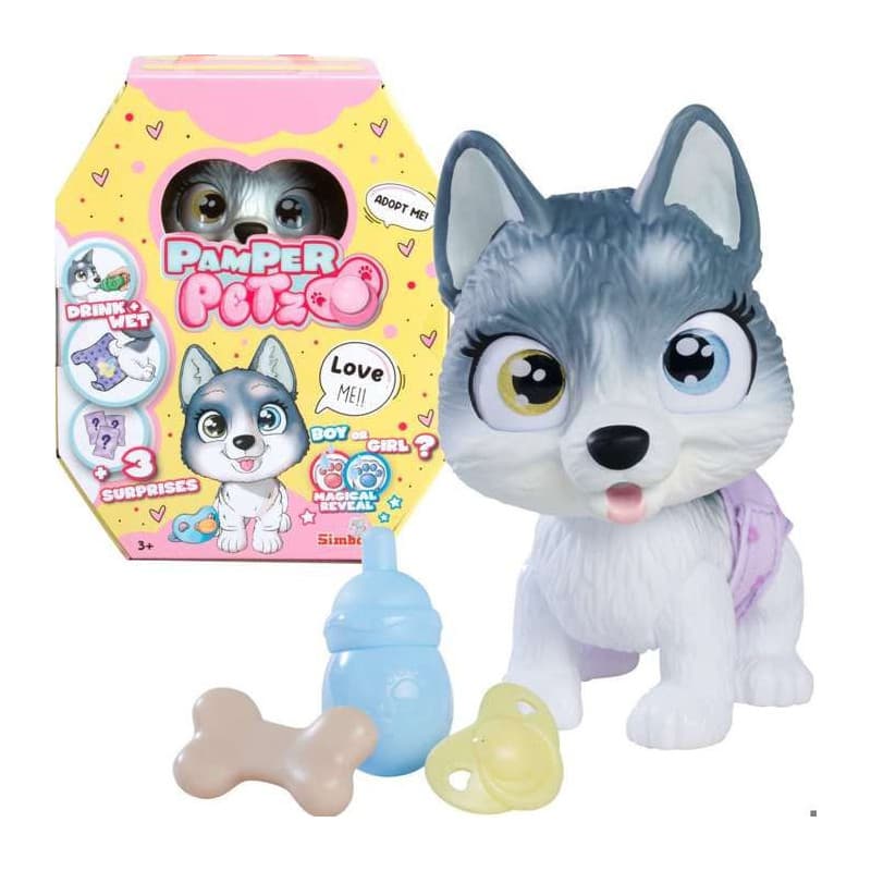 Smoby - Pamper Petz - Husky a adopter - 4 accessoires - Articulé - Bois et fais pipi - Certificat d'adoption - Des 3 ans