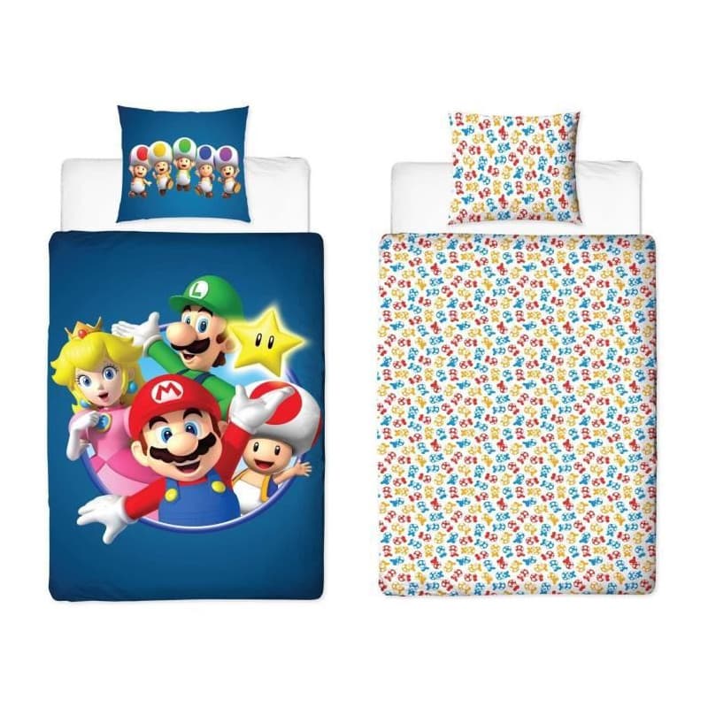 Parure de lit réversible - MARIO BROS - Mario et ses amis - Microfibre - 1 housse de couette 140 x 200 cm + 1 taie 63 x 63 cm