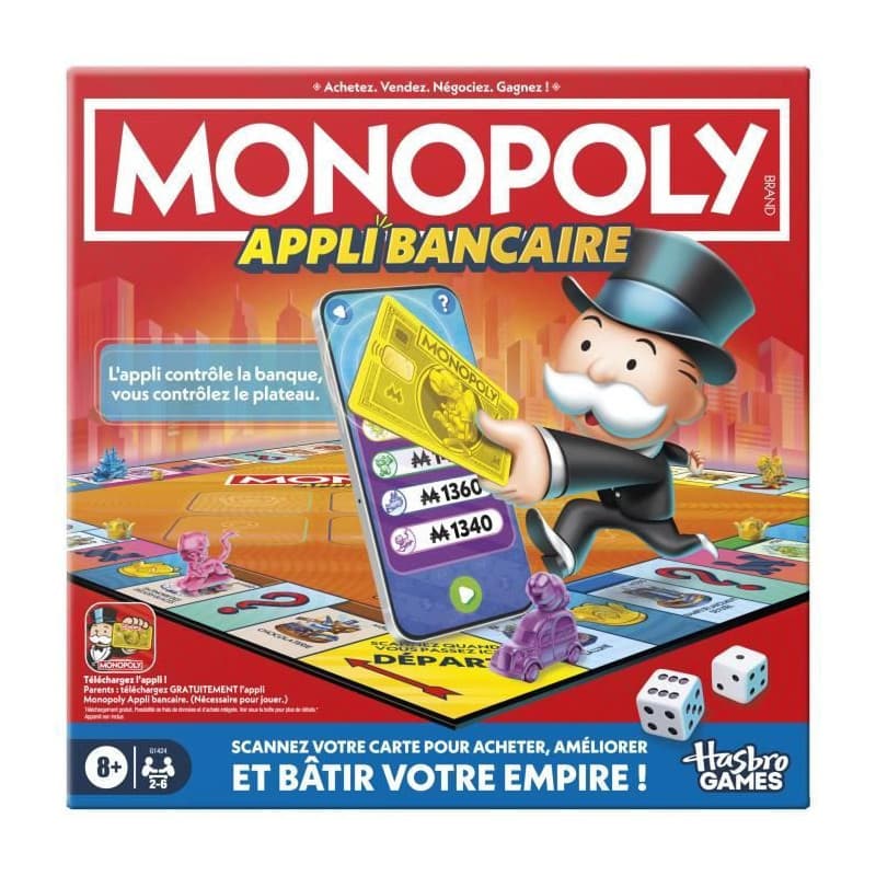 Monopoly Appli bancaire, jeu de plateau avec appli pour appareil type smartphone, des 8 ans