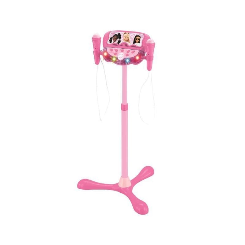 Microphone Barbie sur pied ajustable lumineux avec enceinte, 2 Micros et Effets vocaux, Enceinte Bluetooth
