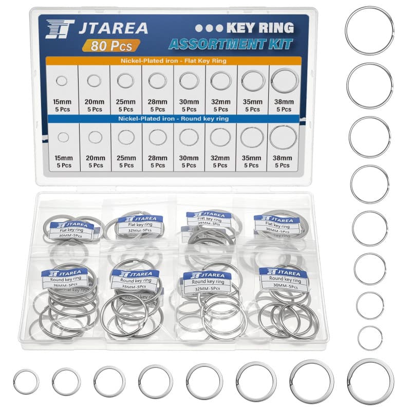 JTAREA 2Types 80Pièces Anneau Porte Clé Assortiment Kit 8Tailles 15mm 20mm 25mm 28mm 30mm 32mm 35mm 38mm Porte-Clés Rond Anneaux