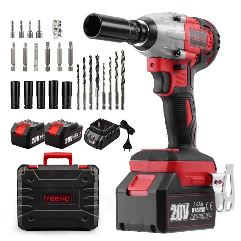 TEENO Brushless Clé à chocs sans fil, 320Nm Boulonneuse a Choc avec 3.0Ah Batterie, Boulons de Roue, Boîte avc 25pcs Accessoires