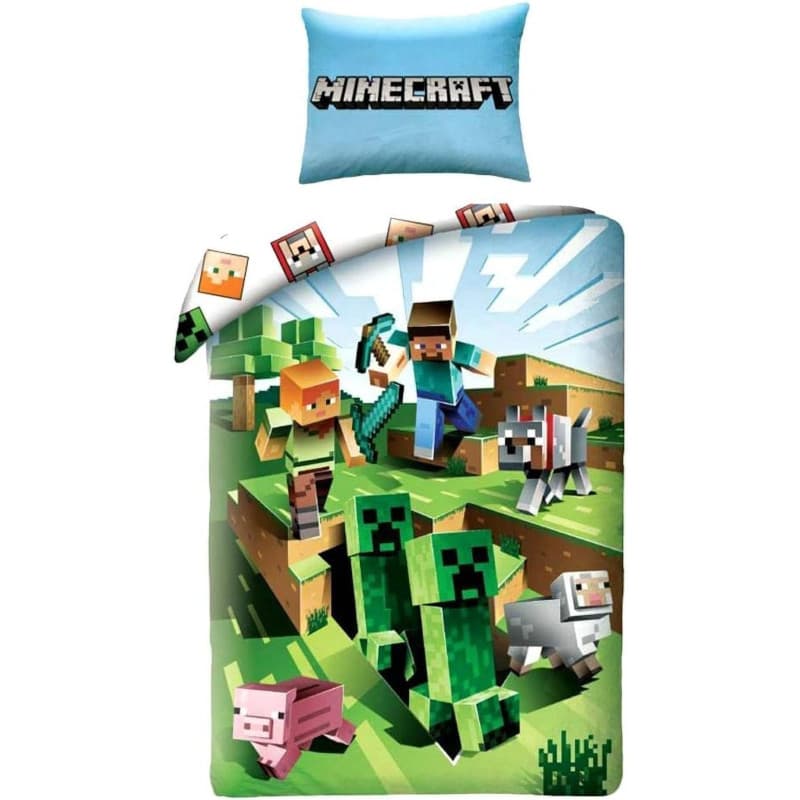 Halantex Minecraft Cactus Run Parure de lit en Coton Housse de Couette 140 x 200 cm et taie d'oreiller 70 x 90 cm