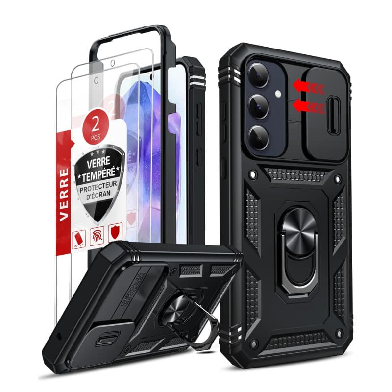 LeYi Coque Samsung Galaxy A55 5G 2*Verre Trempé+Anneau Support, Full Protection Caméra PC Dur Anti-Chut Renforcée Armor Housse E