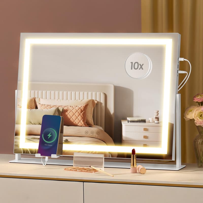 SONGMICS Miroir de Maquillage avec Éclairage, 15 Ampoules LED, Multiprise, Contrôle Tactile, 3 Températures de Lumière, Intensit