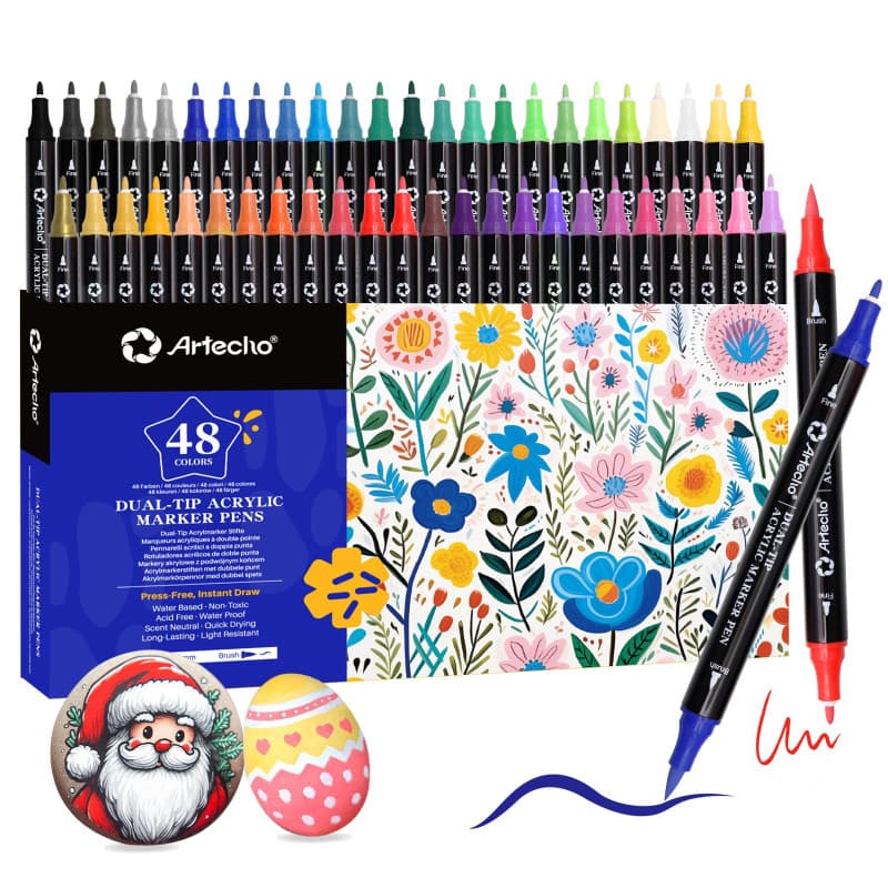 Artecho 48 couleurs de feutres acryliques, 0.5-5mm Dual Tip Marker résistant à l'eau avec des extrémités doubles pour Rock Paint