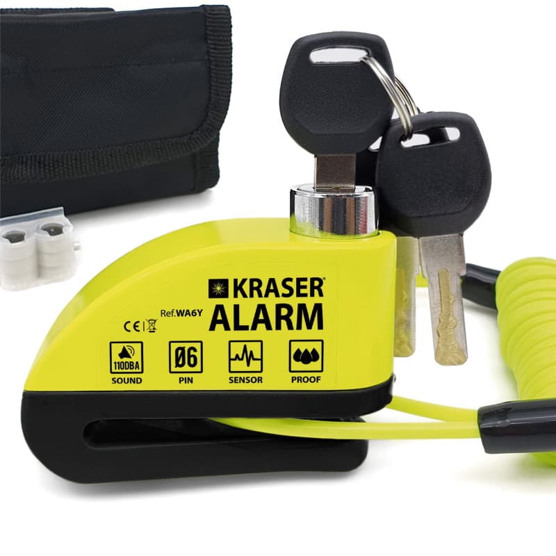 KRASER WA6Y Antivol Moto, Bloque Disque Alarme 110db, Renforcé, 3 clés (2 autres) Serrure Haute Sécurité, Étanche, Câble Rappel