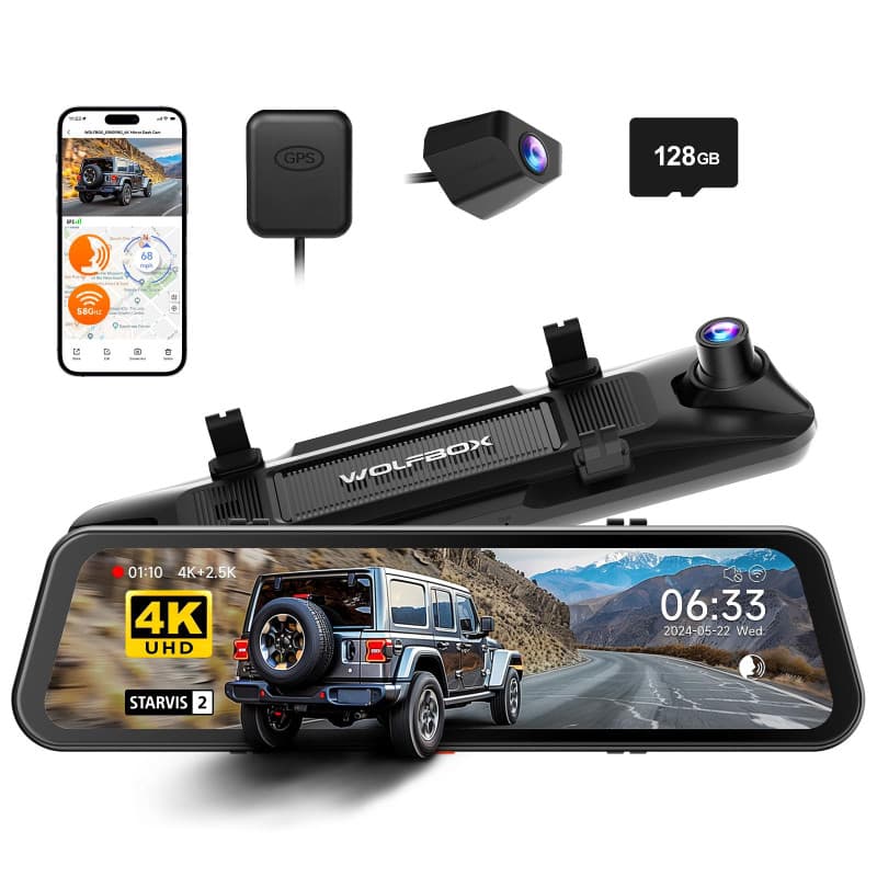 WOLFBOX G900 Pro 12" Dashcam Rétroviseur avec STARVIS 2 IMX678, 4K+2.5K retroviseur Interieur Voiture Camera, 5.8GHz WiFi, Carte