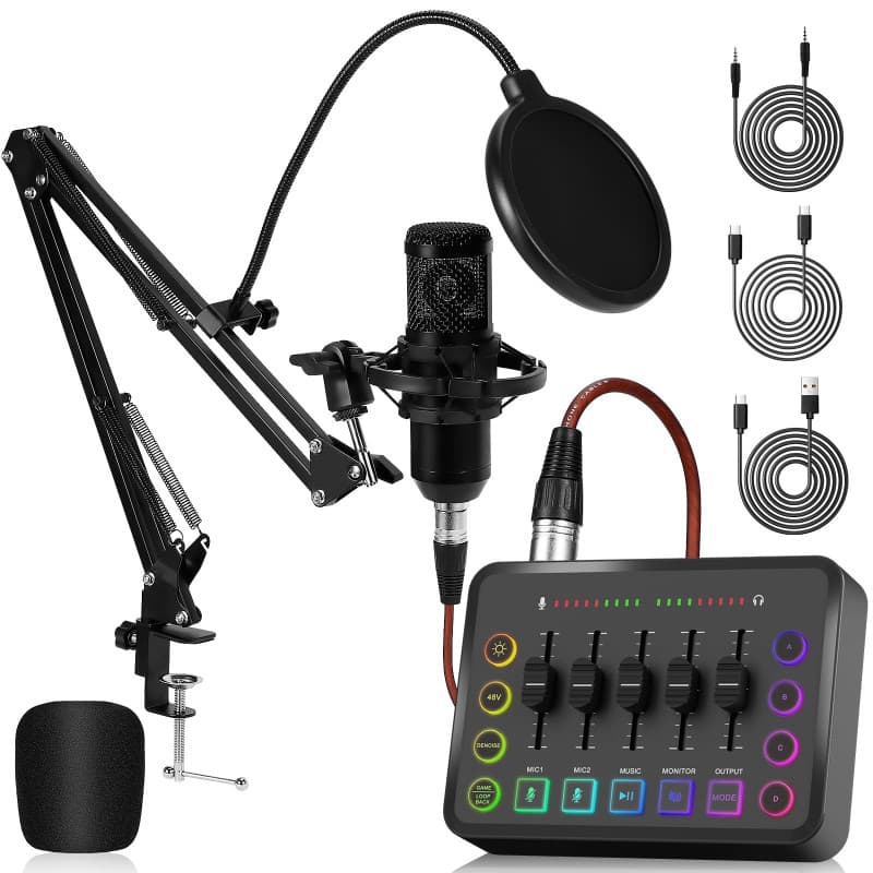 Podcast Kit Complet, Table de Mixage avec Carte Son pour Micro XLR, Interface Audio pour Musiciens en Streaming, Alimentation Fa