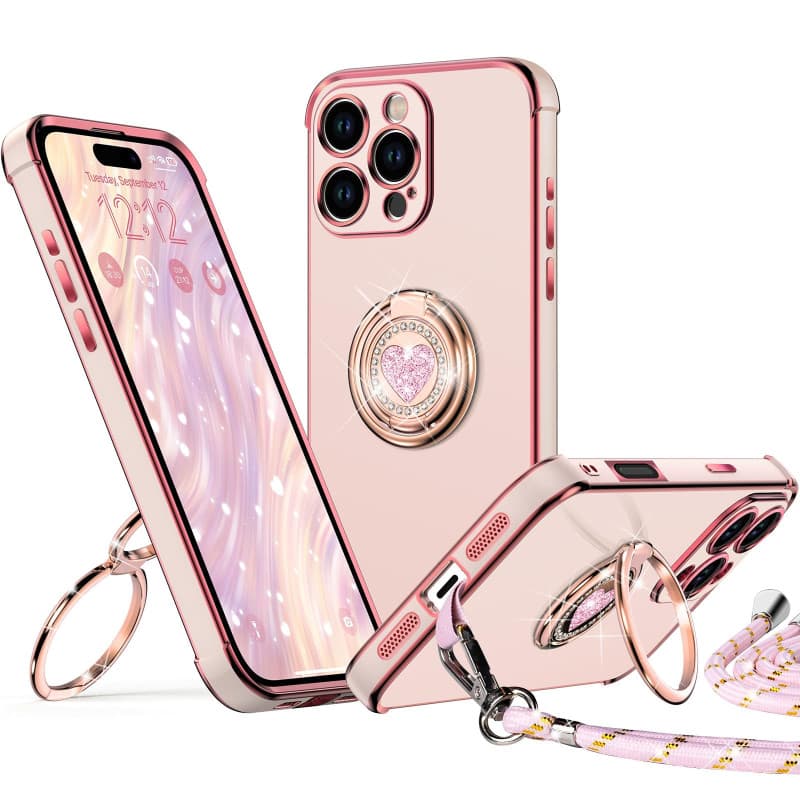 XYZ Coque pour iPhone 16 Pro Max, avec Double Anneau de Support Cœur, avec Lanière pour Filles et Femmes, Coque de Protection de