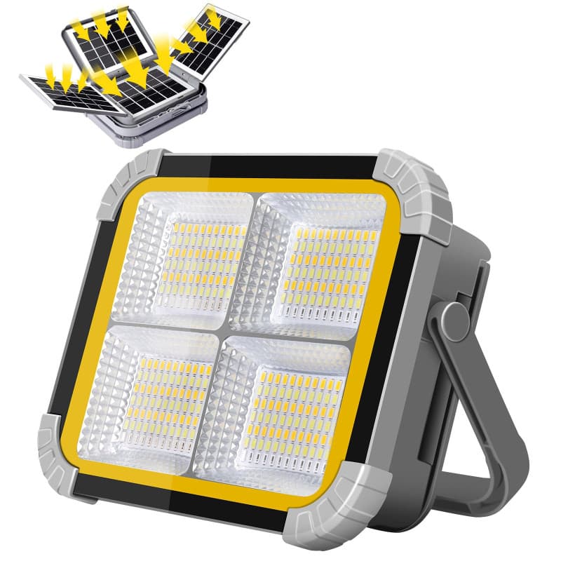 ERAY 150W Projecteur LED Rechargeable Portable avec 4 Panneaux Solaires, Lampe de Travail 12000mAh/336 Perles LED/4 Modes/IP64,