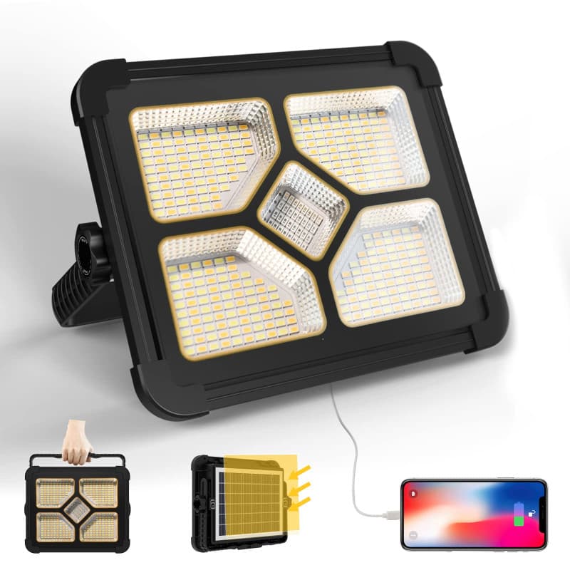 200W Projecteur LED Rechargeable 20000LM, Lumière de Travail Lanterne Portable avec Panneau Solaire, 20600mAh USB Lampe Recharge