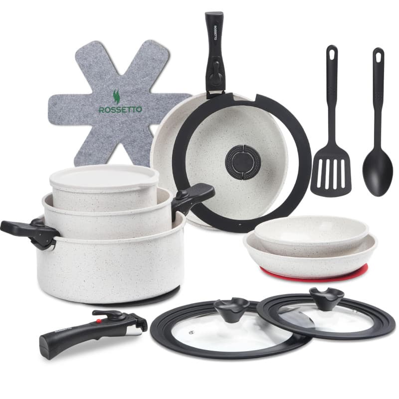 ROSSETTO – Set de cuisine comprenant 23 pièces. Une marmite, une sauteuse, des poêles et des casseroles le tout empliable, poign