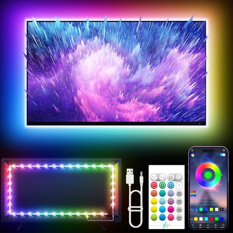 KANTUTOE Ruban LED TV, 5M TV LED pour 55"- 75" TV, musique sync Bluetooth app et télécommande TV LED Strip USB alimenté pour cha