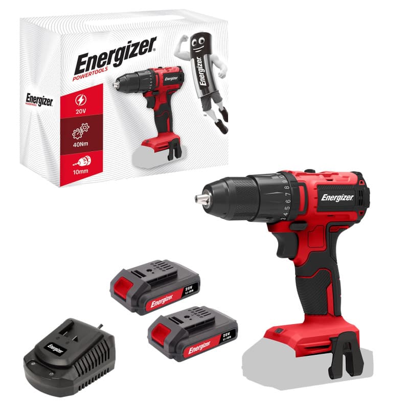 Energizer - Perceuse Visseuse Sans Fil 20V Ultra Légère Couple 40 Nm, 2 Vitesses (1850 RPM), Mandrin 10mm, Inclus 2 Batteries 20