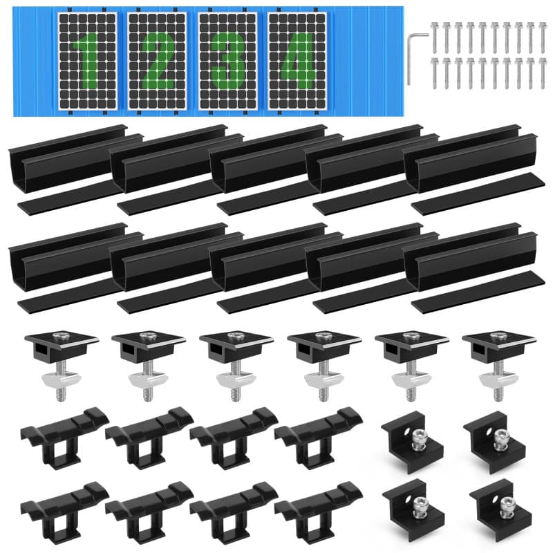 BOSYTRO Kit de Montage PV pour 4 Module,Support de Panneau Solaire, Rail Noir de 12 CM,Clips de Drainage d'eau 30 MM, Pince Régl