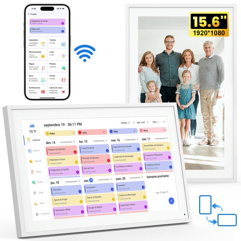 NEWYES Calendrier Numerique Mural 15,6" – Tableau Organisation Famille Wi-Fi Sync & Cadre Photo Numérique, Semainier Enfant 1920