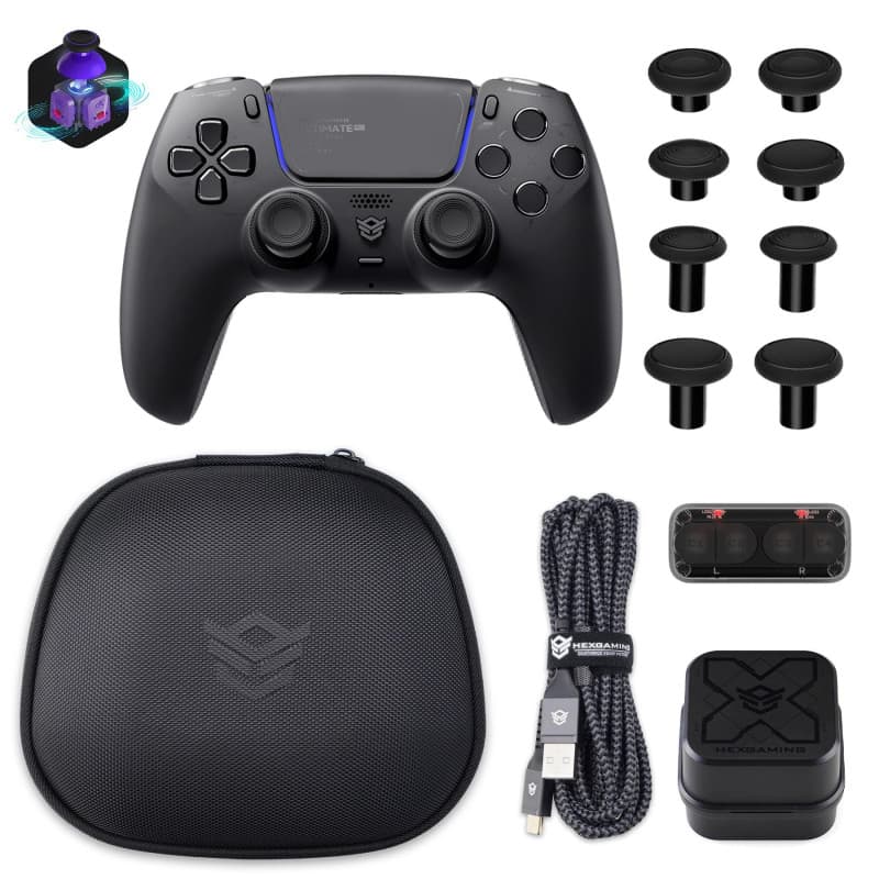 HEXGAMING Manette pour ps5 avec 4 Palette / 8 Joysticks Hall Effect/Câble de Charge/Étui Sac de Transport/Support de Chargeur Ma