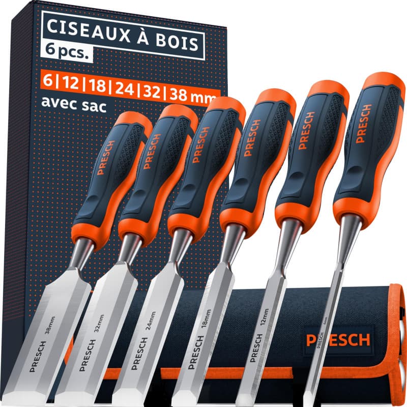 Presch Ciseaux à bois 6pcs. avec sacoche (6, 12, 18, 24, 32 & 38mm) - Parfaitement aiguisé pour utilisation immédiate - Avec un