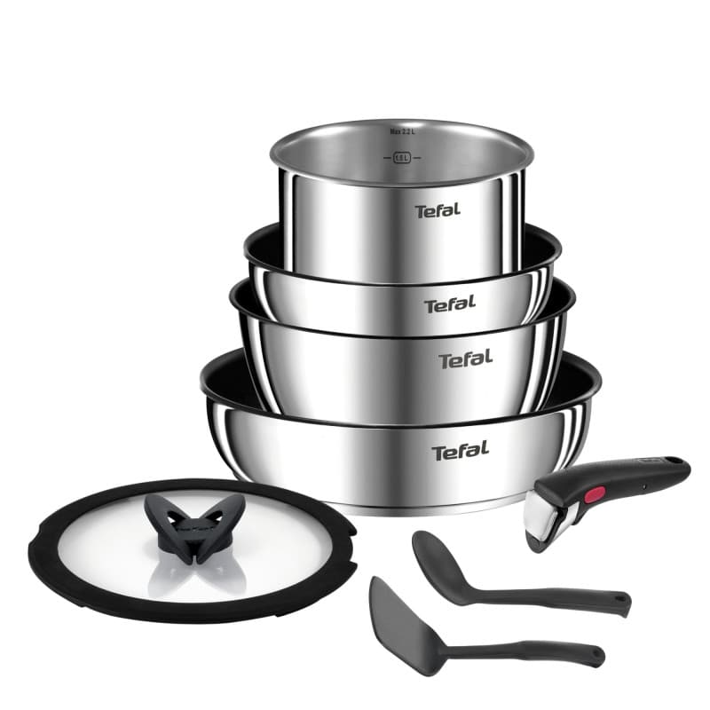 Tefal Ingenio Batterie de cuisine 8 pièces, Poêles, Casseroles, Poignée amovible, Induction, Acier inoxydable, Revêtement antiad