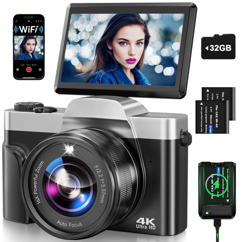 Appareil Photo Numérique avec WiFi, 4K 64MP Autofocus Camera Vlog 16X Digital Zoom à Écran Rabattable à 180° Appareils Photo Com