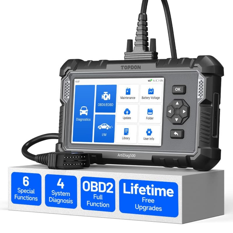 TOPDON Outil de Diagnostic ArtiDiag500, OBD2 Scanner pour Moteur/Transmission/ABS/SRS, 6 Réinitialisation du Service (Huile/ETC/
