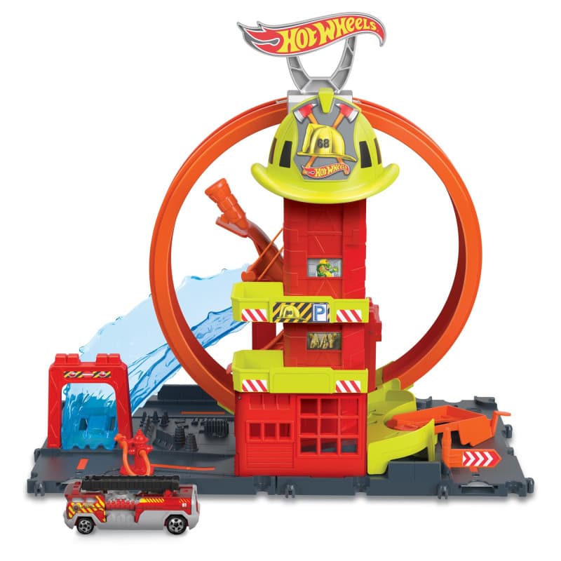 Hot Wheels City Coffret Looping Caserne de Pompiers avec 1 Voiture, Ascenseur Manuel, Rampe Jet d’Eau, éléments de Piste, Jouet