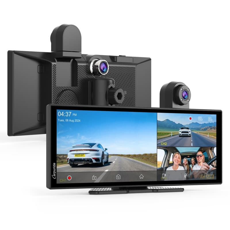 Carpuride W125S Carplay Écran avec 3 Canaux Embarquée Dash Cam, 4K Avant &1080P Arrière Caméra, 1080P Infrarouge Cabine Caméra,