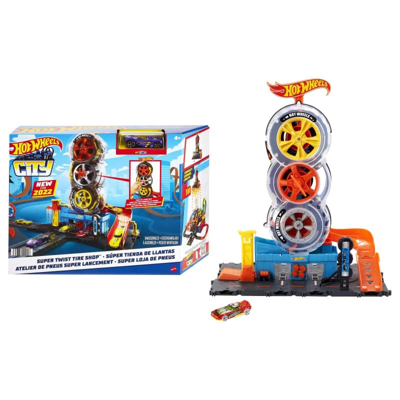 Hot Wheels - Hot Wheels City - Circuit Boutique de Pneus - Coffret avec 1 Voiture - Ascenseur, Pompe à Essence - Démarre avec 1