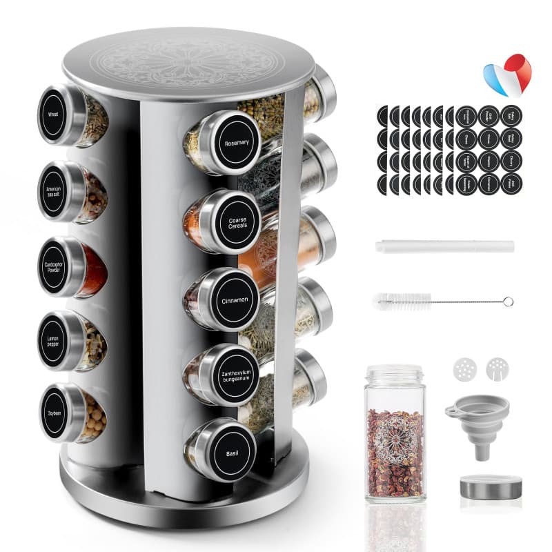 SXTIHD Carrousel à Épices en Acier Inoxydable avec Verres à Épices Ronds 20 * 100ml, Porte Épices Cuisine Rotatif, Étiquette en