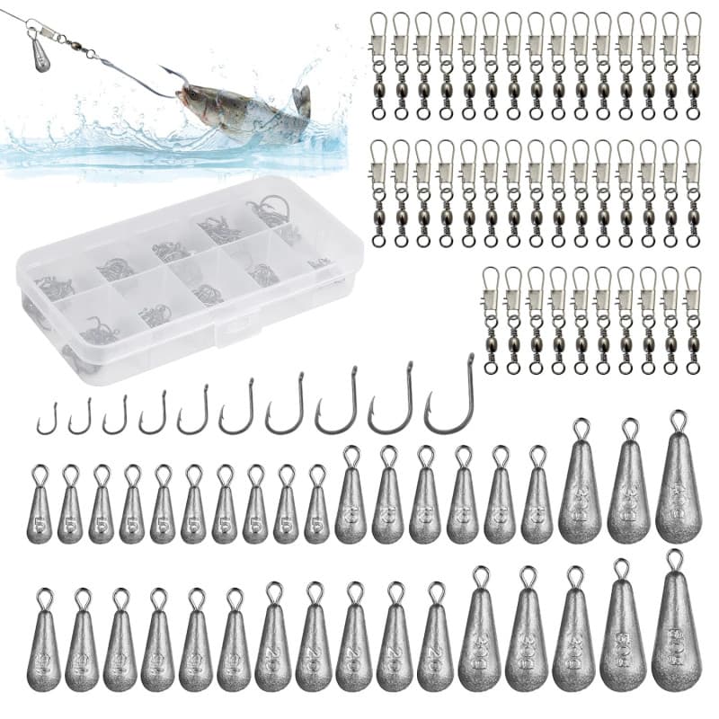 Set de Pêche 125 Pièces - Plombs, Emerillons, Hameçons pour Carpe, Mer, Truite - 5/10/15/20/30/40/50/60g