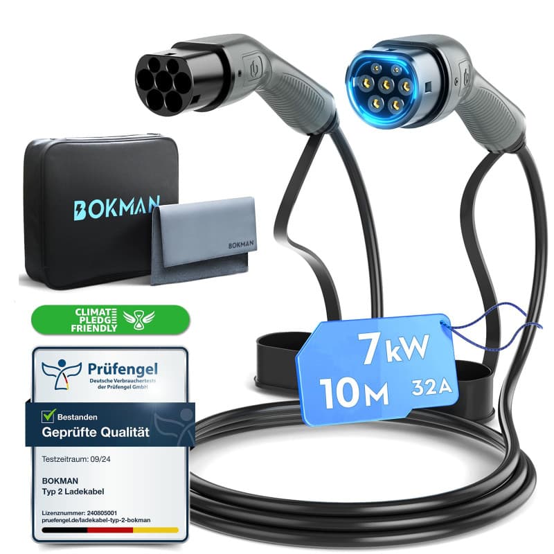 bokman Câble Recharge Voiture Electrique, Câble Type 2 (7kW/ 10 Mètres/Monophasée/ 32A) Câble Recharge Type 2 Rapide Compatible