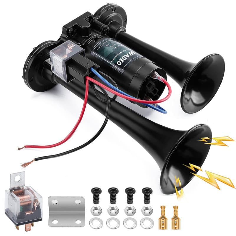 WADEO Klaxon à Air 12 V 118 dB pour Camion, Kit de Klaxon à Air Double Trompette Super Puissant avec Compresseur pour Tous les V