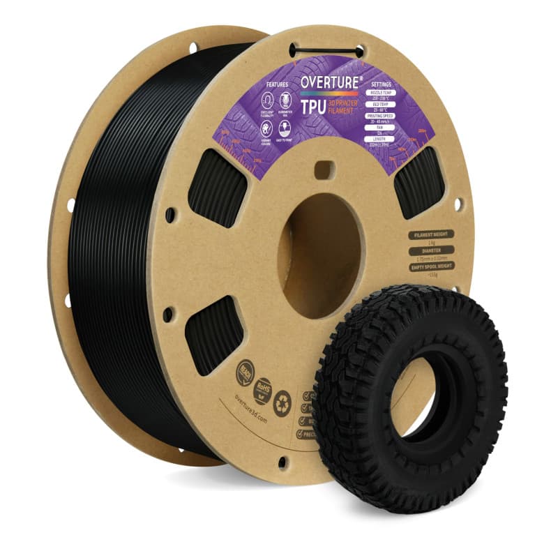 OVERTURE TPU Filament 1.75mm, Bobine de 1kg(2,2lbs), 95A TPU Précision dimensionnelle +/- 0,02 mm (Noir)