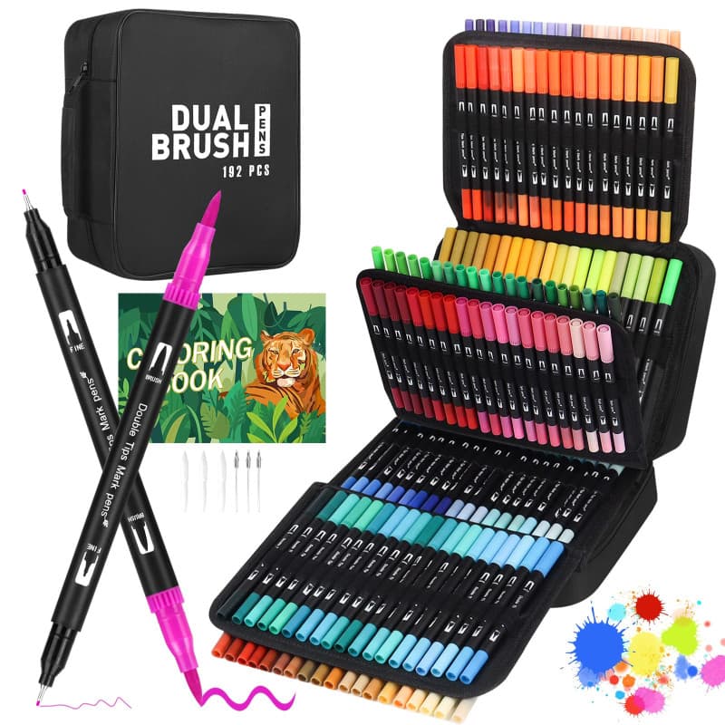 Sonlaryin Feutres Coloriage Adulte, 192 Stylos à Colorier Stylos Pinceaux à Double Pointe Pinceaux Marqueurs d'art Calligraphie