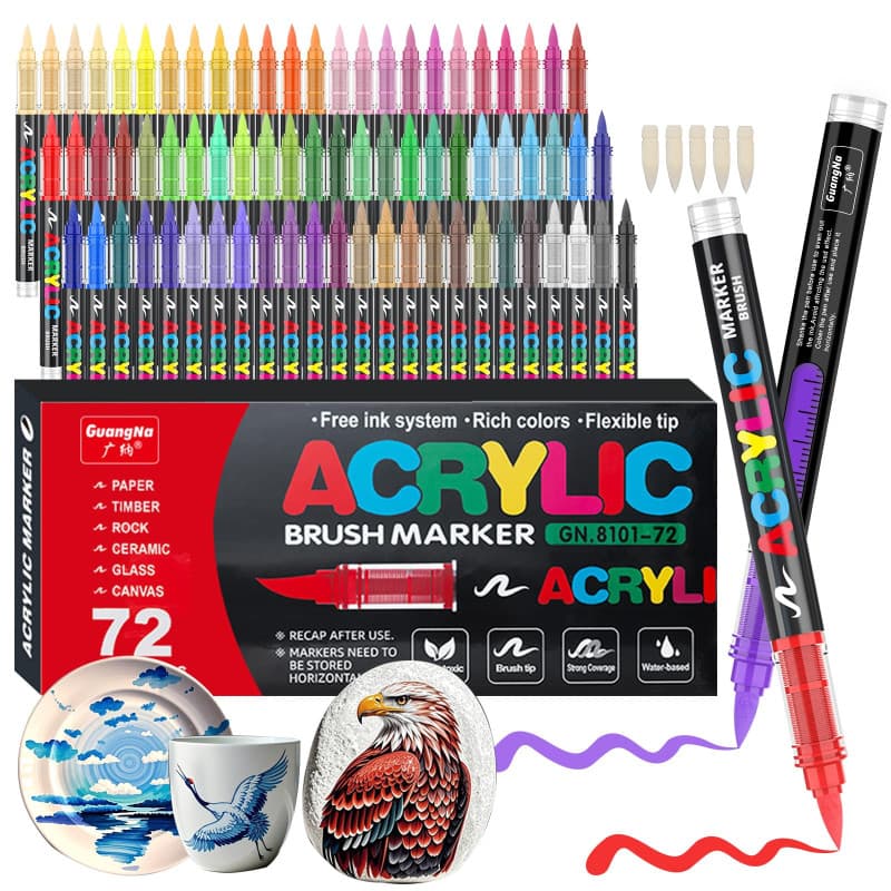 Gelanty Feutre Acrylique, 72 couleurs Acrylic Paint Marker avec embout pinceau flexible, liquide direct Acrylic Brush Marker feu