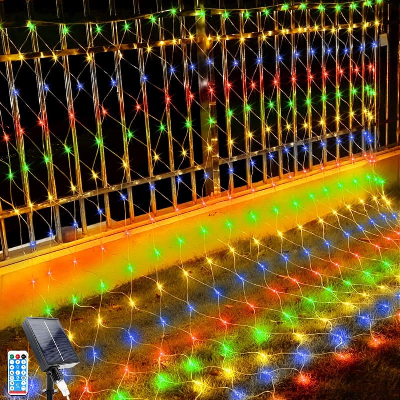LED Solaire Guirlande Lumineuse, 1.5x1.5M Guirlande Lumineuse Filet, 96 LEDs 8 Modes Étanche Extérieure Maille Lumineuse avec Té