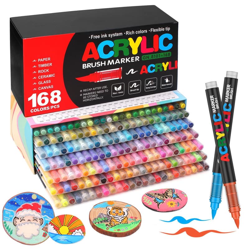 Laconile 168 Couleurs Feutre Acrylique, Stylos Acryliques à Pointe Pinceau pour le Coloriage Adulte ,Acrylic Paint Markers pour