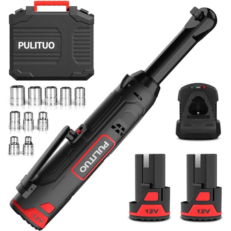 PULITUO Jeu de clés à cliquet électriques à col rallongé 12 V 3/8" avec 2 batteries de 2,0 Ah et charge rapide, cliquet sans fil