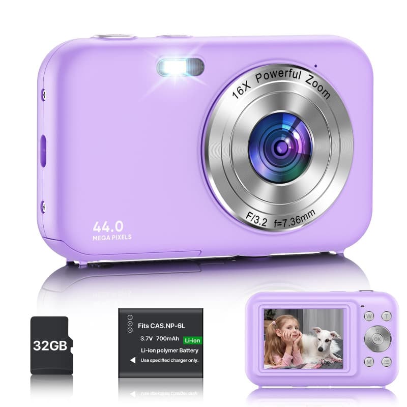 Appareil Photo Numérique avec Carte 32Go, 1080P 44MP Appareils Photo Compact avec 16X Digital Zoom et Batterie, Rechargeables Ca