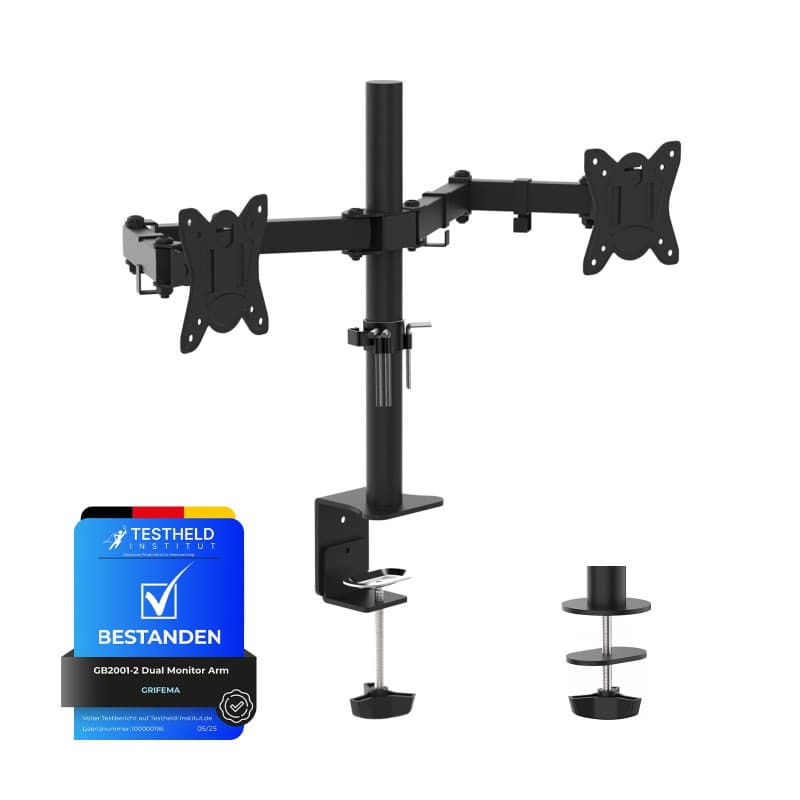 GRIFEMA GB2001-2, Support Ecran PC 2 Ecran pour 13"-32", Bras Ecran PC VESA 75x75-100x100 MM, Rotation à 360°, Inclinaison d'Ang