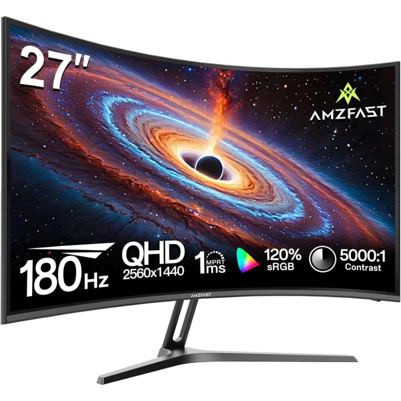 Amzfast Écran PC Gaming 27 Pouces Incurvé, 2k QHD(2560 x 1440), 180 Hz Moniteur, 1Ms MPRT, 1500R, sRGB 130%, Adpative Sync, HDR,