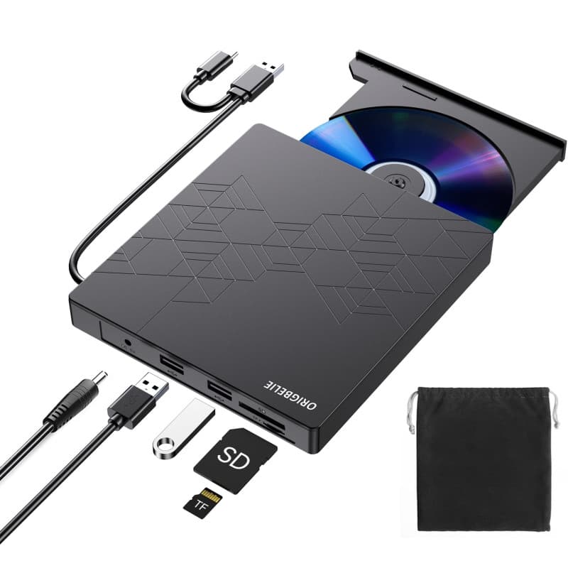 ORIGBELIE 6 en 1 Lecteur CD Externe pour PC, USB 3.0 Type C CD/DVD +/-RW Graveur DVD Externe avec Lecteur de Carte SD/TF, Mince