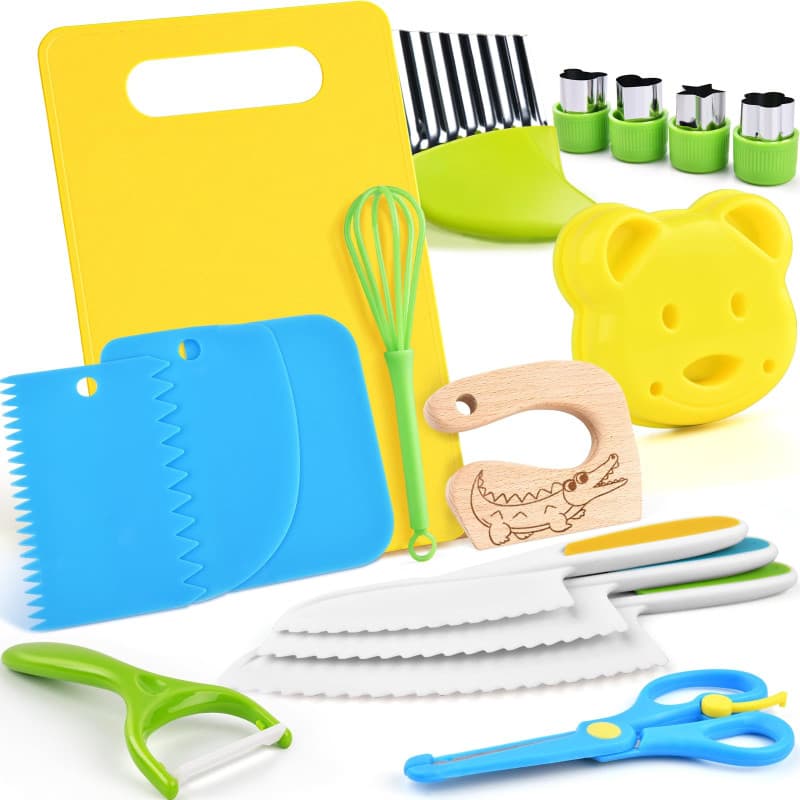 EURYUNG Kit Couteaux Sécurité de Cuisine pour Enfants - 17 Pièces Couteau Montessori Enfants pour Couper et Cuire des Fruits ou