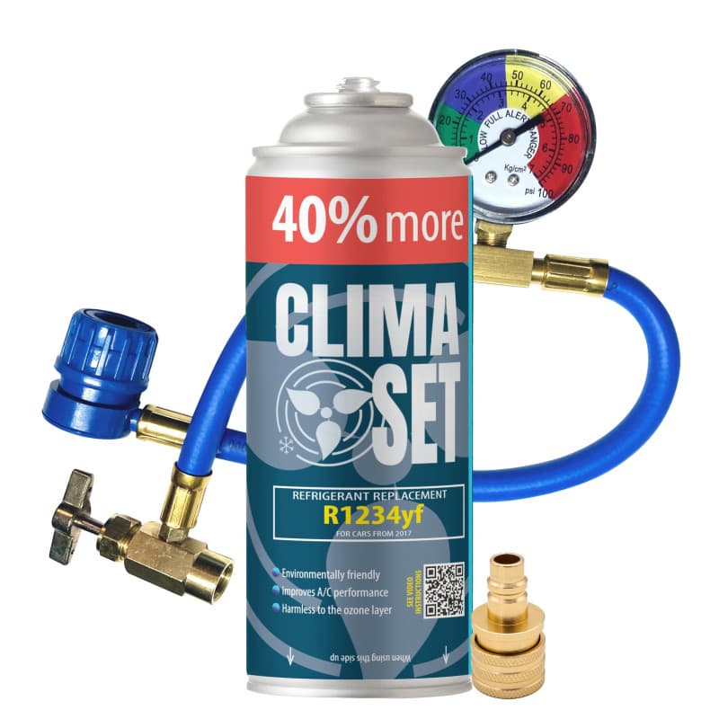 ClimaSet Recharge clim R1234yf - gaz clim r1234yf - 1x235 g avec Tuyau, Manomètre et Adaptateur HP/LP - Climatisation - Climatis