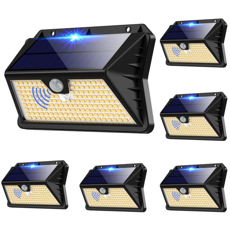 OUILA Lumiere Solaire Exterieur 6 Pack, 3 Modes Avec Detecteur, 185 LED Spot Solaire, IP65 Eclairage Mural d'Extérieur pour Jard